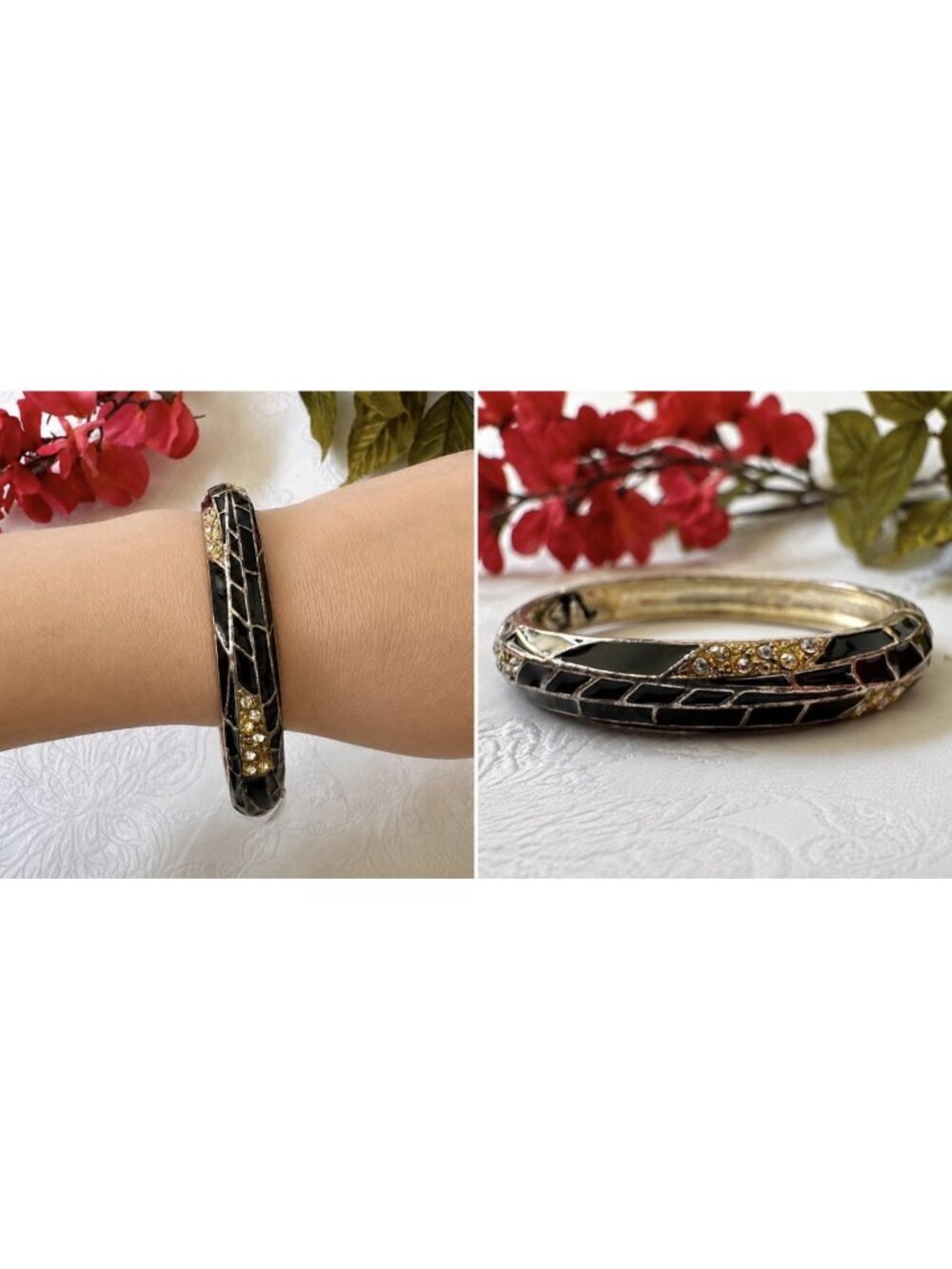 Sequin 1/4" Wide Black Gold Enamel Bead CZ Bangle Bracelet Hinged NEW